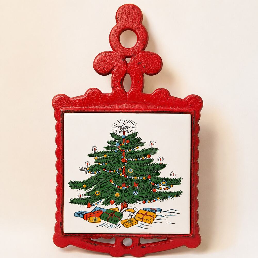 Vintage Christmas Tree Tile Trivet Red Cast Iron Frame Taiwan Holiday